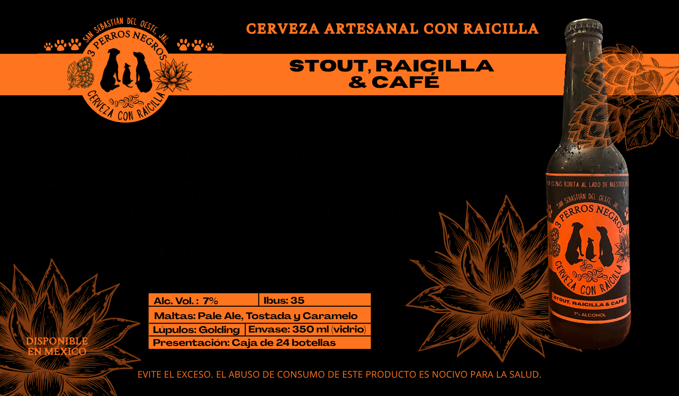 Lata de cerveza artesanal Stout con raicilla y café de 3 Perros Negros, 7% alc. vol., 350 ml