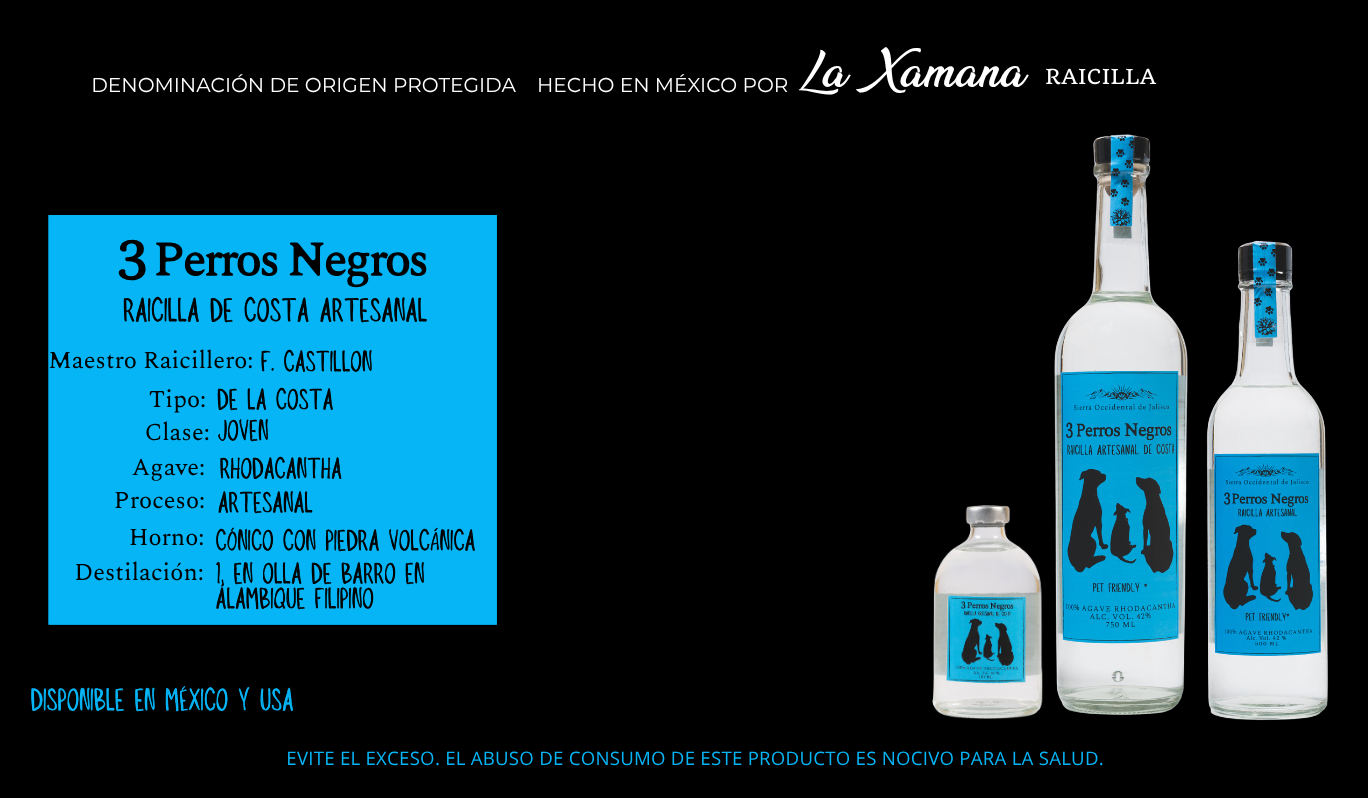 Botella de Raicilla de Costa Artesanal de 3 Perros Negros, etiqueta azul, agave Rhodacantha de El Tuito, Jalisco