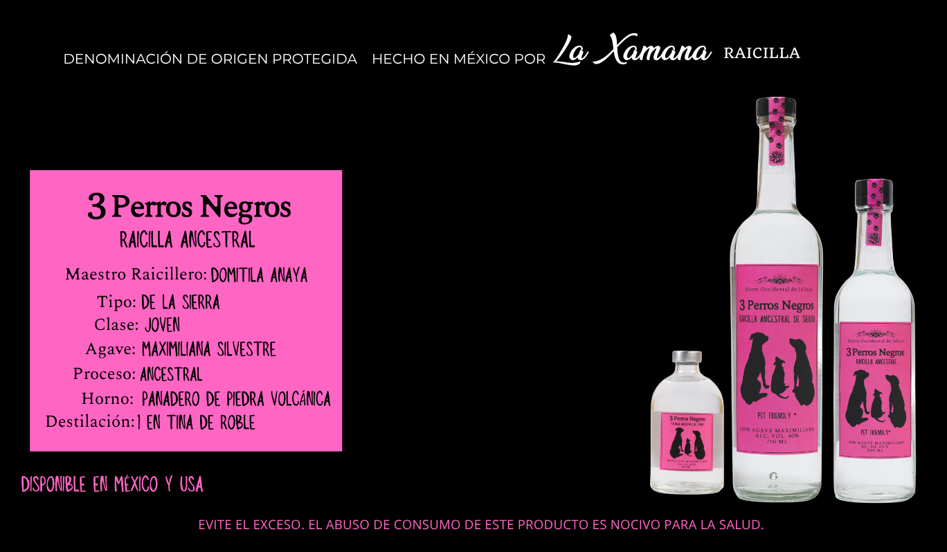 Botella de Raicilla Ancestral de la Sierra de 3 Perros Negros, etiqueta rosa, agave Maximiliana silvestre de Atenguillo, Jalisco