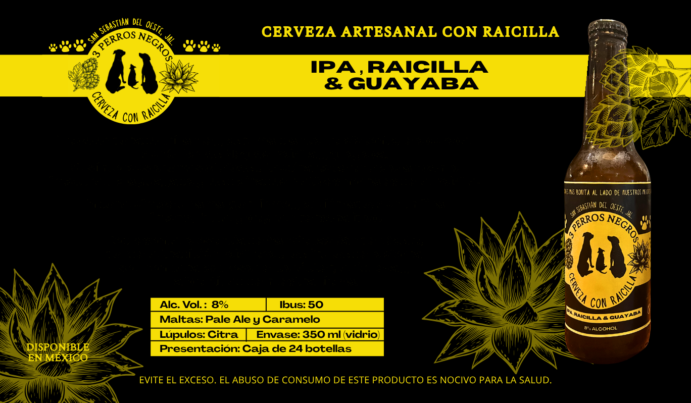 Lata de cerveza artesanal IPA con raicilla y guayaba de 3 Perros Negros, 8% alc. vol., 350 ml