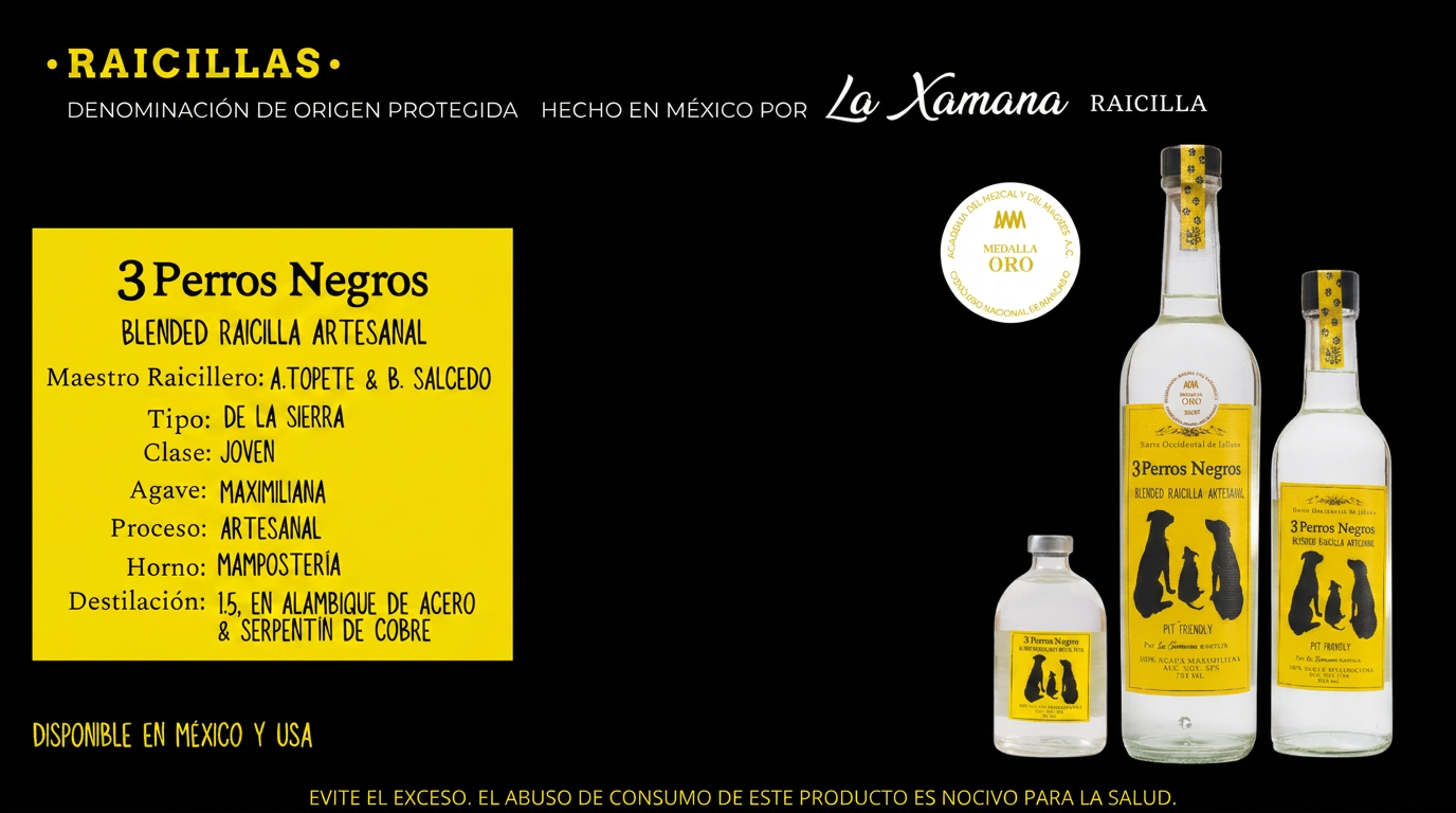 Botella de Raicilla Blended Artesanal de la Sierra de 3 Perros Negros, etiqueta amarilla, 100% agave Maximiliana de la Sierra Occidental de Jalisco